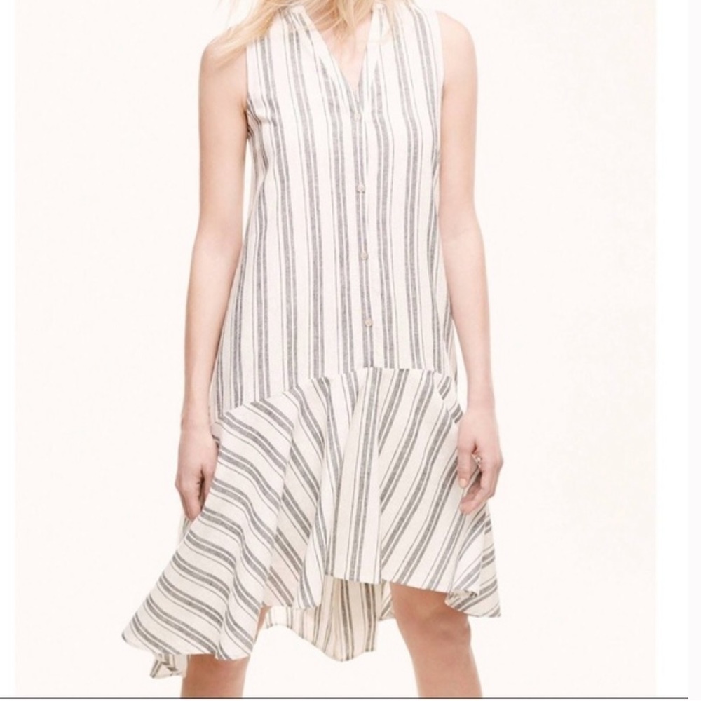 Anthropologie Maeve HiLow Hem Linen Inked Striped White/Gray Shirtdress V-Neck S